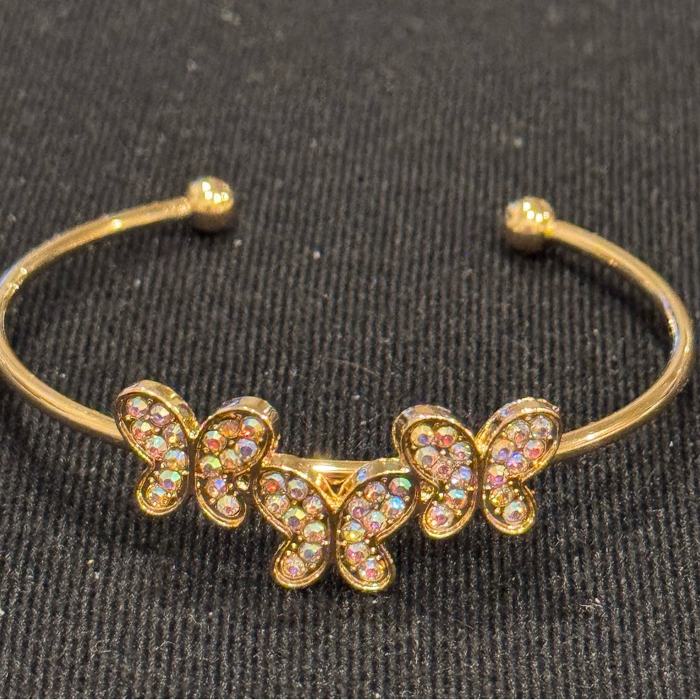 Fashion Jewelry Gold Triple Butterfly Iridescent Crystal Open Cuff Bracelet